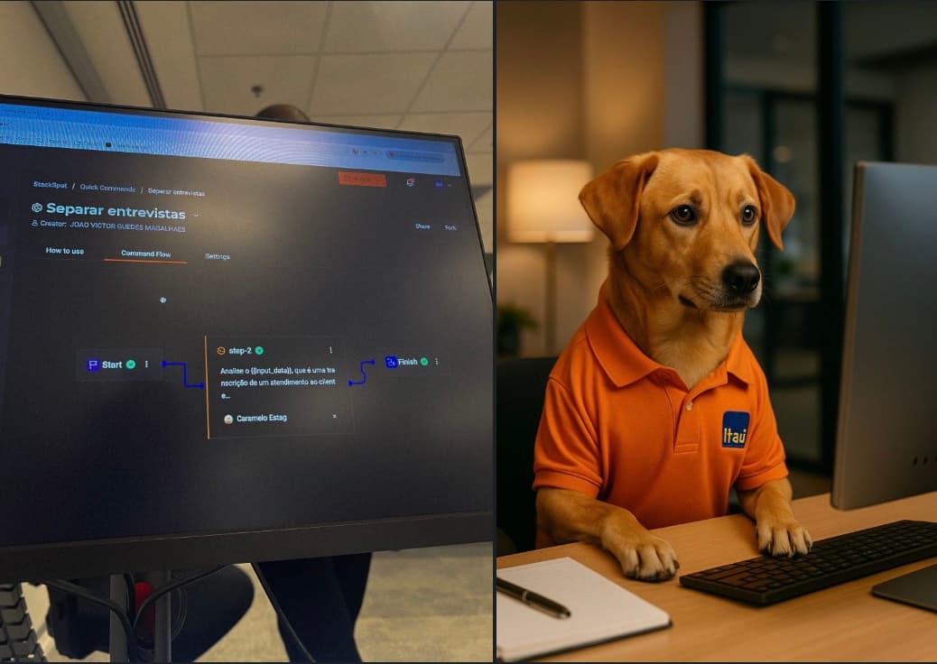 Duas telas lado a lado: à esquerda, o fluxo do agente “Separar entrevistas” que João Guedes criou no StackSpot para analisar transcrições de atendimento; à direita, o Caramelo, mascote do agente, de camisa do Itaú em frente ao computador